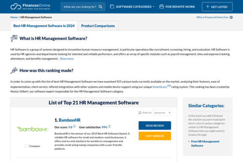 Top 10 Most Popular HR Software - https://hr-management.financesonline.com